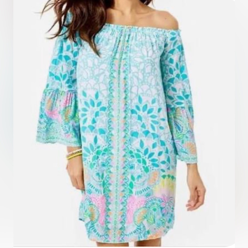 Lilly Pulitzer Turquoise & Aqua Floral Off-Shoulder Dress